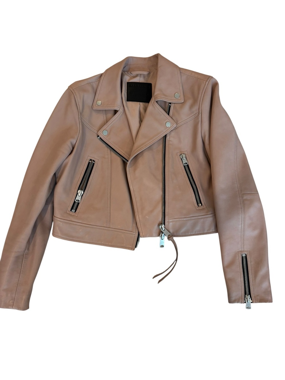 AllSaints Elora Cropped Leather Biker Jacket in Misty Pink Women Size 8